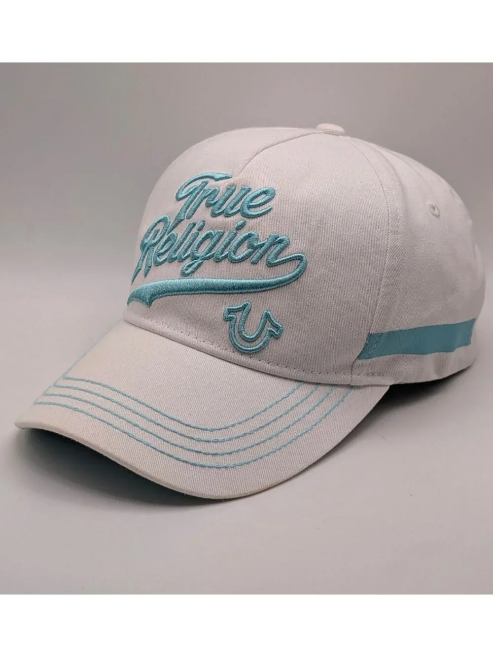 Vintage True Religion Hat Strap Back White Light Blue Unisex Y2K Thick Stitch